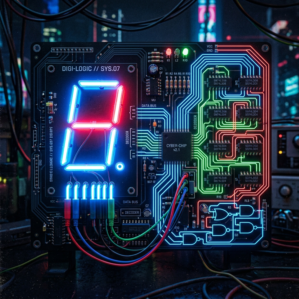 Glowing neon digital 7-segment display wired to logic gates