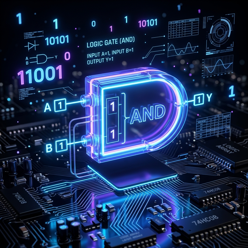 Stylized 3D render of a digital AND logic gate